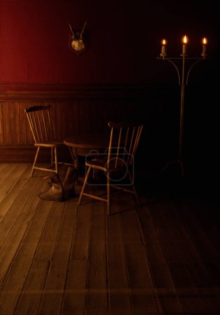 Téléchargez les photos : Vintage intérieur rustique avec plancher en bois, table en bois, chaises en bois, bottes de cow-boy en cuir, lambris, chandelier et crâne de cerf sur le mur. - en image libre de droit