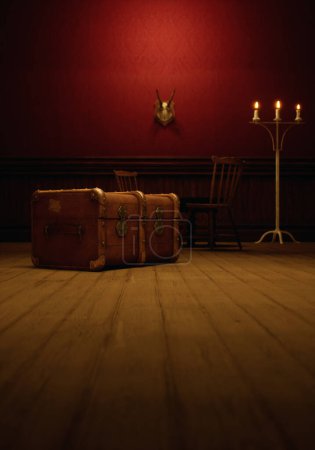 Foto de Interior rústico vintage con caja de cuero, suelo de madera, mesa de madera, sillas de madera, paneles, candelabro y cráneo de ciervo en la pared. - Imagen libre de derechos