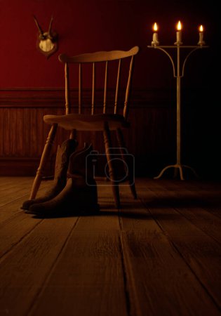Téléchargez les photos : Intérieur rustique vintage avec bottes de cow-boy en cuir, plancher en bois, chaise en bois, lambris, chandelier et crâne de cerf sur le mur. - en image libre de droit