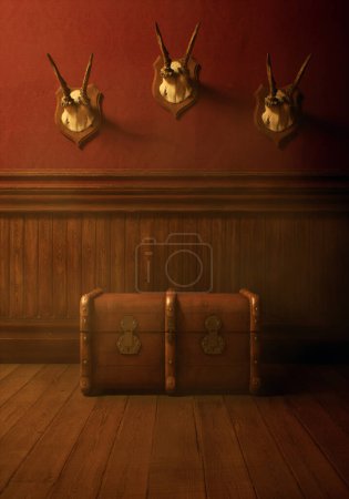 Foto de Interior rústico vintage con funda de viaje de cuero, suelo de madera, paneles, calaveras de ciervo en la pared. - Imagen libre de derechos