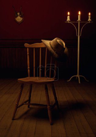 Téléchargez les photos : Vintage intérieur rustique avec chapeau de cow-boy sur chaise en bois, plancher en bois, lambris, chandelier et crâne de cerf sur le mur. - en image libre de droit