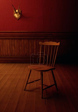 Téléchargez les photos : Vintage intérieur rustique avec chaise en bois, plancher en bois, lambris, crâne de cerf sur le mur. - en image libre de droit