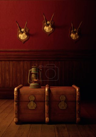 Téléchargez les photos : Vintage intérieur rustique avec lanterne sur étui de voyage sur sol en bois avec lambris et crânes de cerf sur le mur. - en image libre de droit