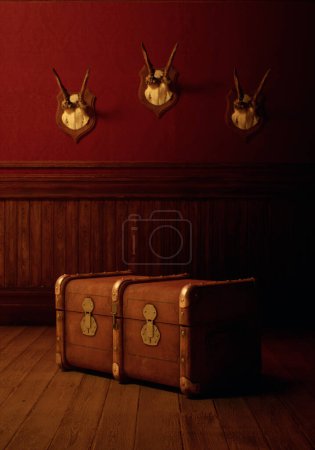 Téléchargez les photos : Vintage intérieur rustique avec étui de voyage en cuir, plancher en bois, lambris, crânes de cerf sur le mur. - en image libre de droit