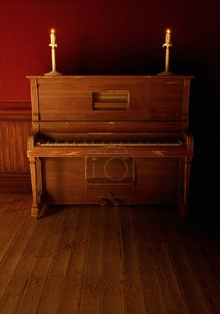 Téléchargez les photos : Vintage intérieur rustique avec piano vintage avec des bougies sur elle sur le sol en bois contre papier peint rouge avec lambris en bois. - en image libre de droit