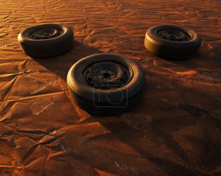 Photo for Three old car wheels on weathered rusty painted metal sheet. - Royalty Free Image