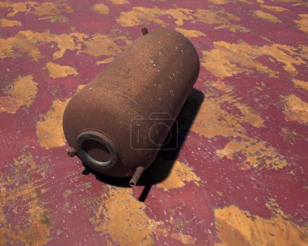 Téléchargez les photos : Vieux réservoir de propane rouillé sur une tôle rouge altérée. - en image libre de droit