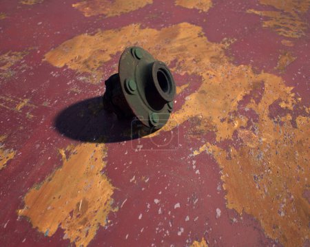 Foto de Cubo de rueda de metal oxidado viejo en chapa de metal oxidado con pintura roja envejecida. - Imagen libre de derechos
