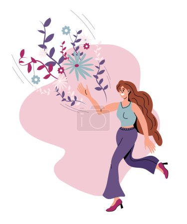 Foto de Happy girl with a bouquet of flowers. Cute young woman with smile running towards the approaching spring. Concept for 8 March Women's Day, Mother's Day, Valentine's Day, birthday. Vector illustration. - Imagen libre de derechos