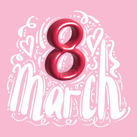 Foto de Happy Women's Day greeting card with 3D number and lettering. 8 march modern design concept with white hand drawn font and hearts in doodle style. Vector illustration on pink background. - Imagen libre de derechos