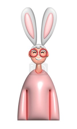 Foto de 3D Easter vector template of girl with bunny ears with glasses isolated on white background. Voluminous white ears of the Easter bunny. Funny cartoon illustration for greeting card, poster, banner. - Imagen libre de derechos