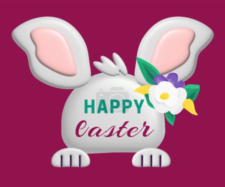 Téléchargez les illustrations : 3d illustration of Easter Bunny with flowers. White easter rabbit with lettering. Animal character, trendy Easter design in cartoon style. Happy Easter banner, poster, greeting card. - en licence libre de droit