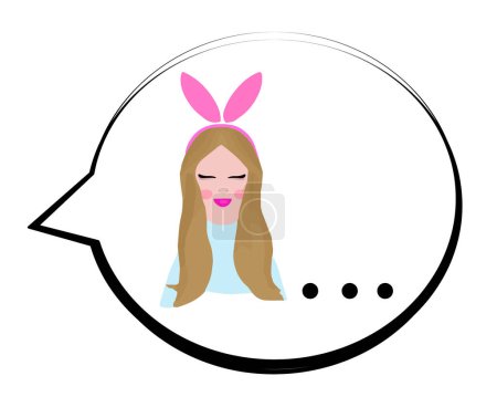 Foto de Linda chica feliz sonriente con orejas de conejo en burbuja hablar. Feliz día de Pascua. Diseño de moda para la bandera de Pascua feliz, cartel, tarjeta de felicitación. Ilustración vectorial en estilo moderno de dibujos animados mínimos. - Imagen libre de derechos