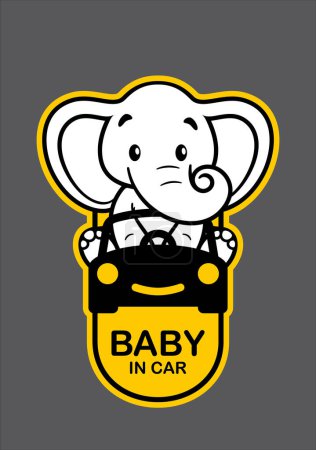 Ilustración de Vector yellow car sign with text BABY IN CAR and cartoon elephant boy. Car sticker. - Imagen libre de derechos
