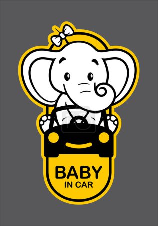Ilustración de Vector yellow car sign with text BABY IN CAR and cartoon elephant girl. Car sticker. - Imagen libre de derechos