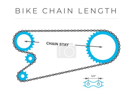 Téléchargez les illustrations : Vector infographic Bicycle chain length. Detail of the chain passing through the gears. Bike crankset. Isolated on white background. - en licence libre de droit