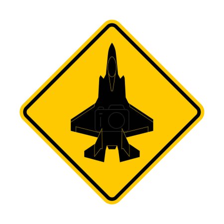 Ilustración de Vector yellow rhombus sign - black silhouette fighter F35. Isolated on white background. - Imagen libre de derechos
