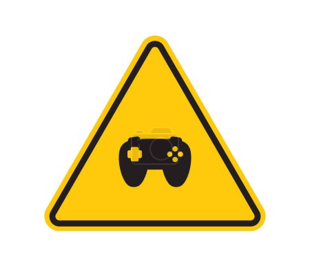 Illustration for Vector yellow triangle sign - black silhouette game controller, gaming symbol. Isolated on white background. - Royalty Free Image