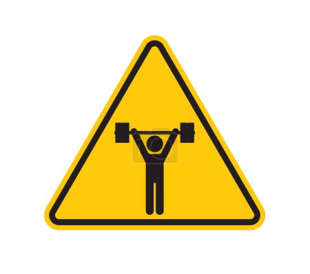 Illustration for Vector yellow triangle sign - black silhouette weightlifter, sport symbol. Isolated on white background. - Royalty Free Image