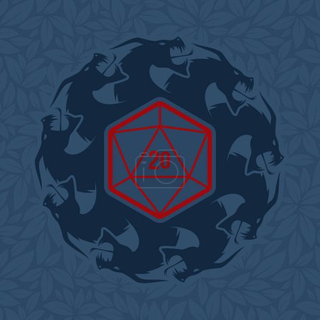 Illustration for Vector circular emblem consisting of dragon heads, inside the symbol of 20 double sided cubes. Board Games. Isolated on blue background. - Royalty Free Image