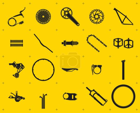 Ilustración de Vector set of black silhouette icons of bicycle spare parts. Yellow background. - Imagen libre de derechos