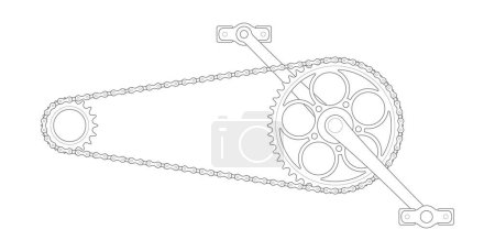 Téléchargez les illustrations : Vector black line vintage bicycle crank with chain. Fixed gear. Single Speed. Isolated on white background. - en licence libre de droit