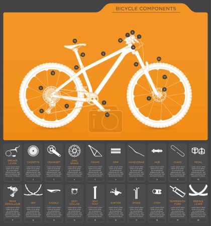 Illustration for Vector information component specification for mountain bikes. A picture with lots of details. Icons of individual parts. Dark blue background. - Royalty Free Image