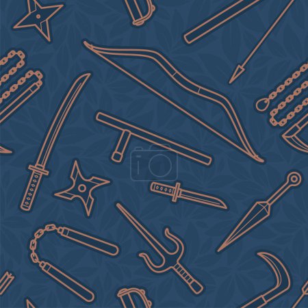 Illustration for Vector seamless texture line symbols of ninja weapons. Blue background. - Royalty Free Image