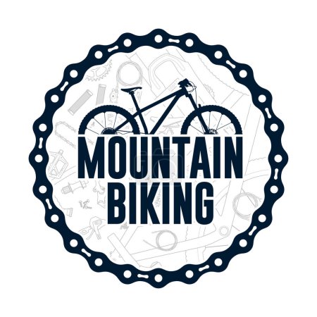 Illustration for Vector dark blue simple logo circle composed of bike chain with mountain bike text. - Royalty Free Image