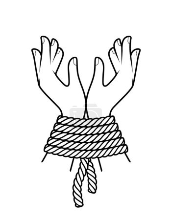 Ilustración de Vector black line graphic, hands tied with rope. Isolated on white background. - Imagen libre de derechos