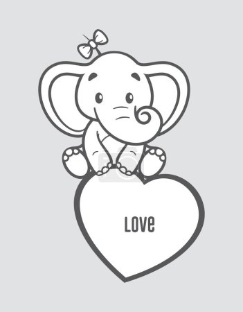 Ilustración de Vector line cartoon sweet elephant sitting on a heart. Isolated on gray background. - Imagen libre de derechos