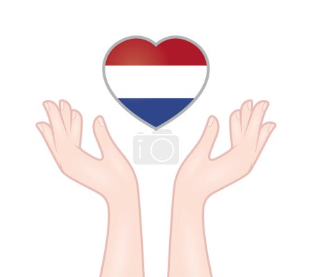 Illustration for Vector hands trying to catch a heart composed of Netherlands flag. Isolated on white background - Royalty Free Image