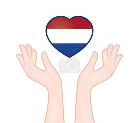 Ilustración de Vector hands trying to catch a heart composed Netherlandsflag. Isolated on white background - Imagen libre de derechos