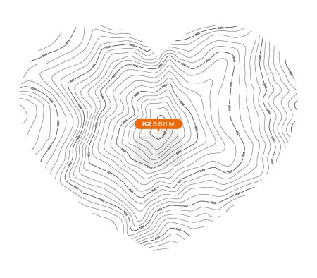 Ilustración de Vector background with a black textured topographical outline of K2 forming a heart symbol - Imagen libre de derechos