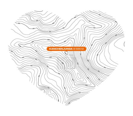 Ilustración de Vector background with a black textured topographical outline of Mount Kanchenjunga forming a heart symbol - Imagen libre de derechos