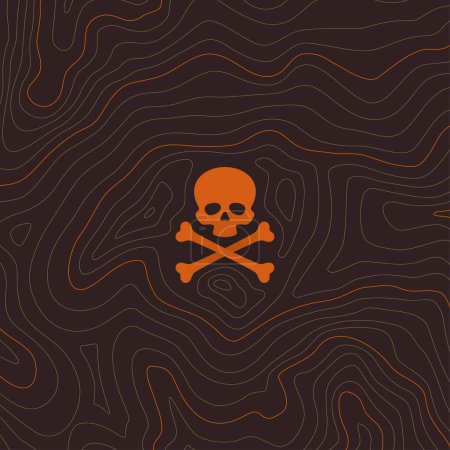 Illustration for Vector brown landscape background with texture topographic contour line, isolines with green skull with crossbones. Danger place. - Royalty Free Image