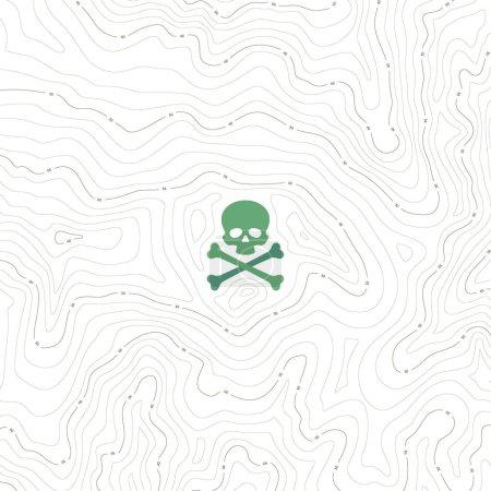 Illustration for Vector background with texture topographic contour line, isolines with green skull with crossbones. Danger place. Isolated on white background. - Royalty Free Image