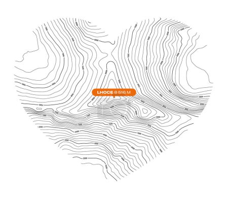 Ilustración de Vector background with a black textured topographical outline of Mount Lhoce forming a heart symbol - Imagen libre de derechos