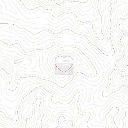 Illustration for Vector seamless background with texture topographic contour line, isolines with red heart. Map. Isolated on white background. - Royalty Free Image
