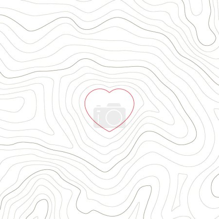 Illustration for Vector seamless background with texture topographic contour line, isolines with red heart. Map. Isolated on white background. - Royalty Free Image
