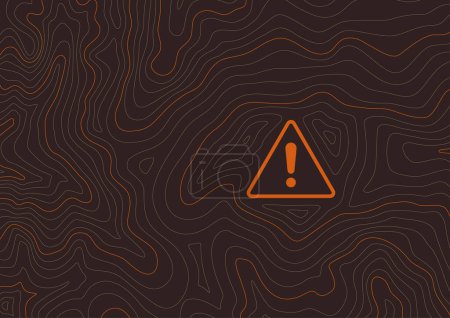 Illustration for Vector brown landscape background with texture topographic contour line, isolines with triangle sign exclamation mark. Danger place. - Royalty Free Image