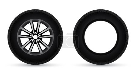 Ilustración de Neumáticos de rueda de coche realistas vectoriales con llanta y sin llanta. Aislado sobre fondo blanco - Imagen libre de derechos