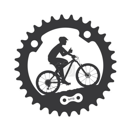 Vector bicycle gear inside silhouette of a cyclist riding a bicycle showing OK gesture. Isolated on white background.
