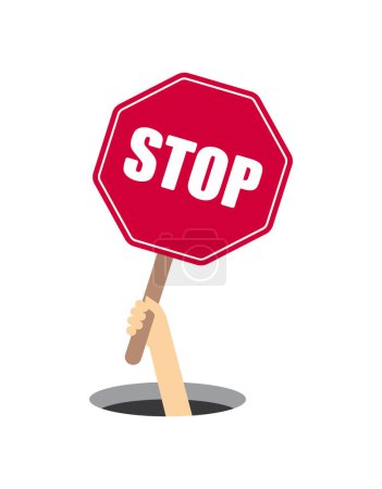 Illustration for Vector hand emerging from a hole holding a STOP sign. Isolated on white background. - Royalty Free Image