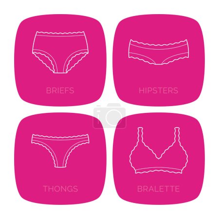 Téléchargez les illustrations : Ensemble vectoriel d'icônes de sous-vêtements pour femmes. Isolé sur fond blanc - en licence libre de droit