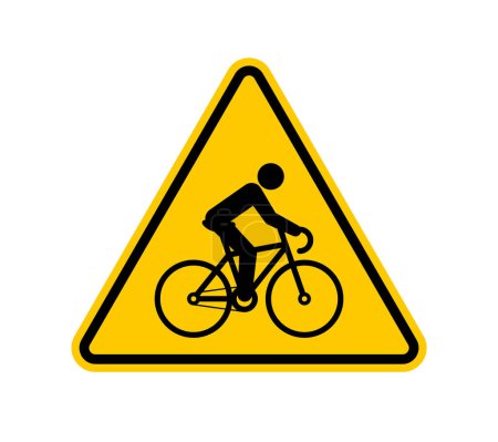 Illustration for Vector yellow triangle sign - black silhouette biker on cycle. Isolated on white background. - Royalty Free Image
