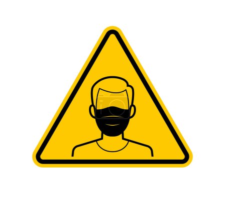 Illustration for Vector yellow triangle sign - black silhouette man with face mask. Isolated on white background. - Royalty Free Image