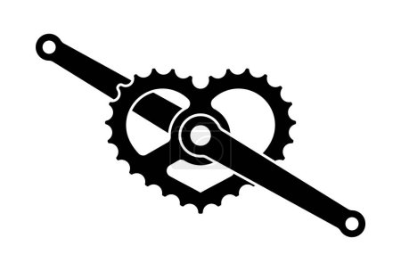 Illustration for Vector bicycle crank black icon silhouette with heart shaped converter. Isolated on white background. - Royalty Free Image