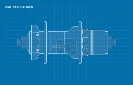 Illustration for Vector blueprint bicycle hub with freehub XD body. Isolated on white background. - Royalty Free Image