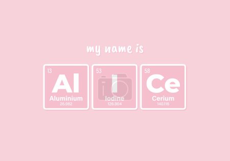 Illustration for Vector inscription name ALICE composed of individual elements of the periodic table. Text: My name is. Purple background - Royalty Free Image
